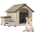 Outdoor Fir Wood Dog House With An Open Roof Ideal For Small To Medium Dogs. With Storage Box, Elevated Feeding Station With 2 Bowls. Weatherproof Asphalt Roof And Treated Wood. Cream Solid Wood