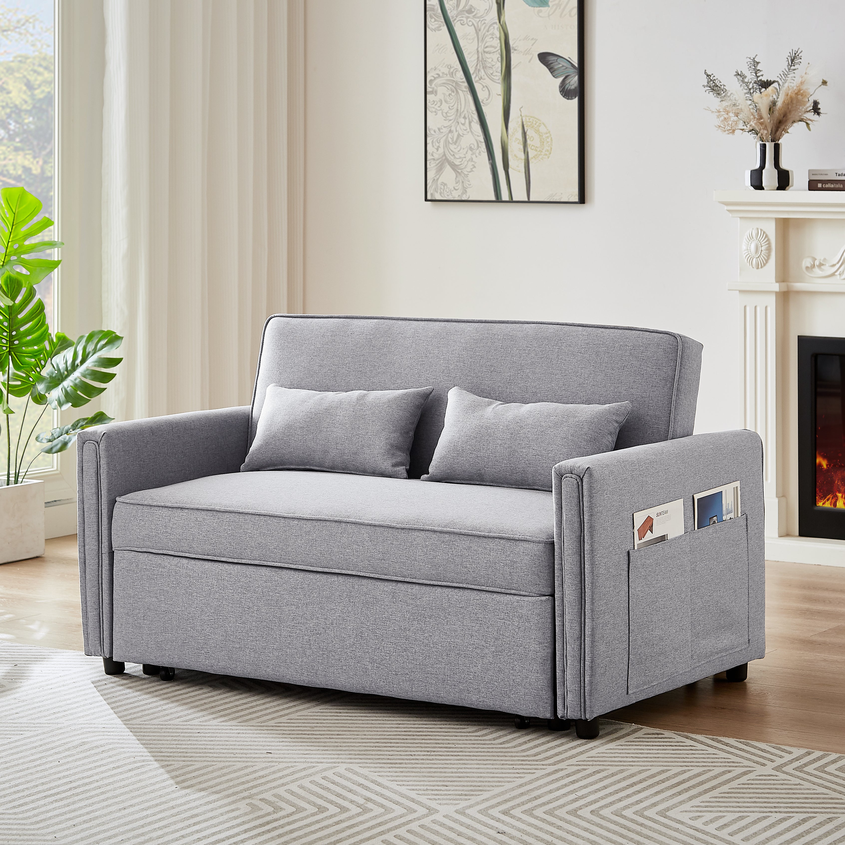 Modern Linen Convertible Loveseat Sleeper Sofa Couch With Adjustable B