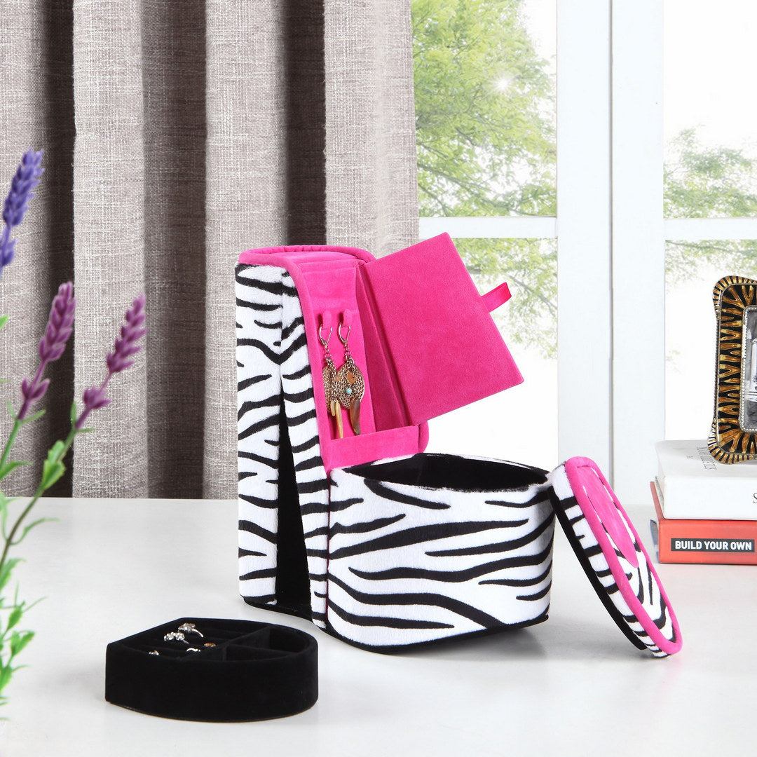 9" Tall Display Jewelry Box With Hidden Storage, High Heel Shoe Design, Zebra Print Multicolor Pu