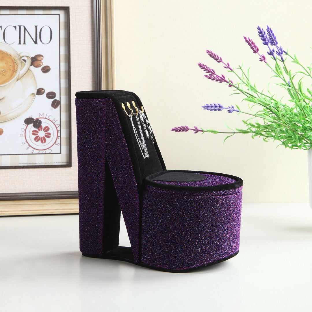 9" Tall Display Jewelry Box With Hooks, High Heel Shoe Design, Purple Velvet Purple Pu