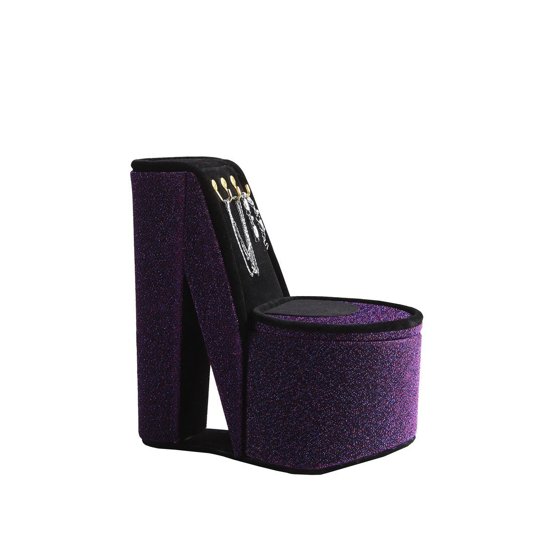 9" Tall Display Jewelry Box With Hooks, High Heel Shoe Design, Purple Velvet Purple Pu