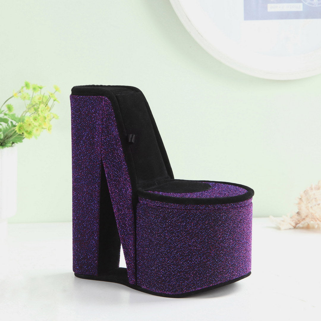 9" Tall Display Jewelry Box With Hidden Storage, High Heel Shoe Design, Purple Velvet Purple Pu