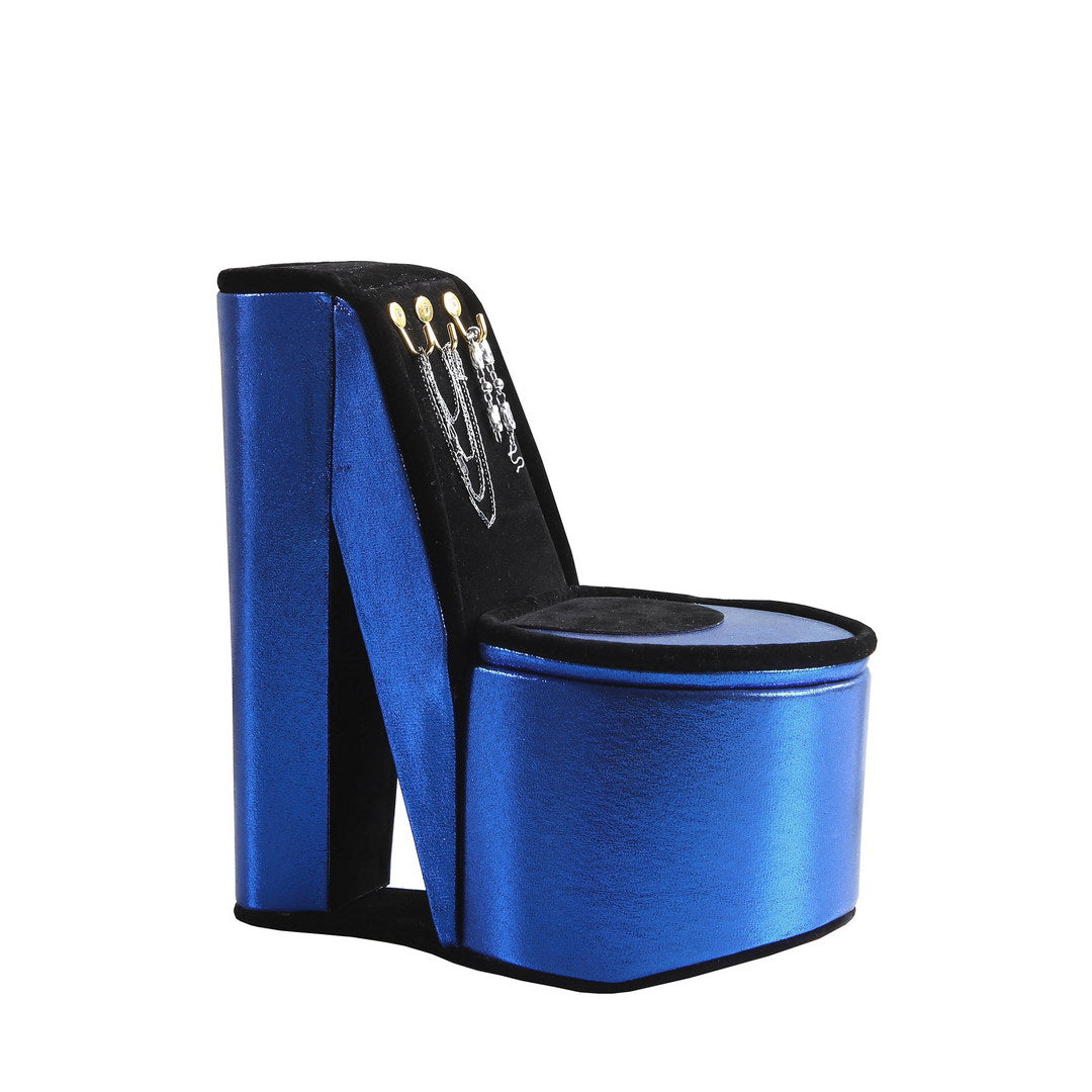 9" Tall Display Jewelry Box With Hooks, High Heel Shoe Design, Blue Velvet Blue Pu