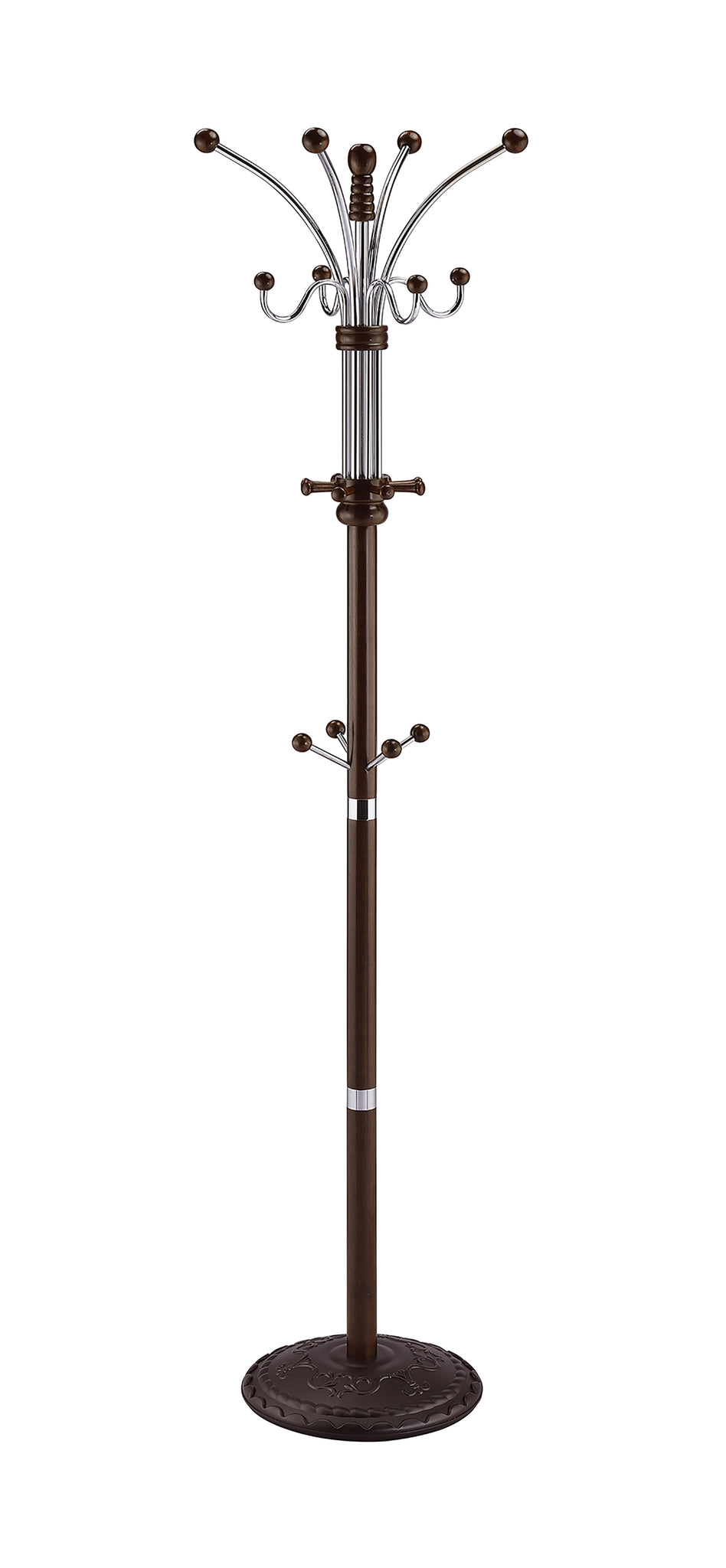 73" Tall Chrome And Wood Coat Rack, Espresso Finish Multicolor Wood