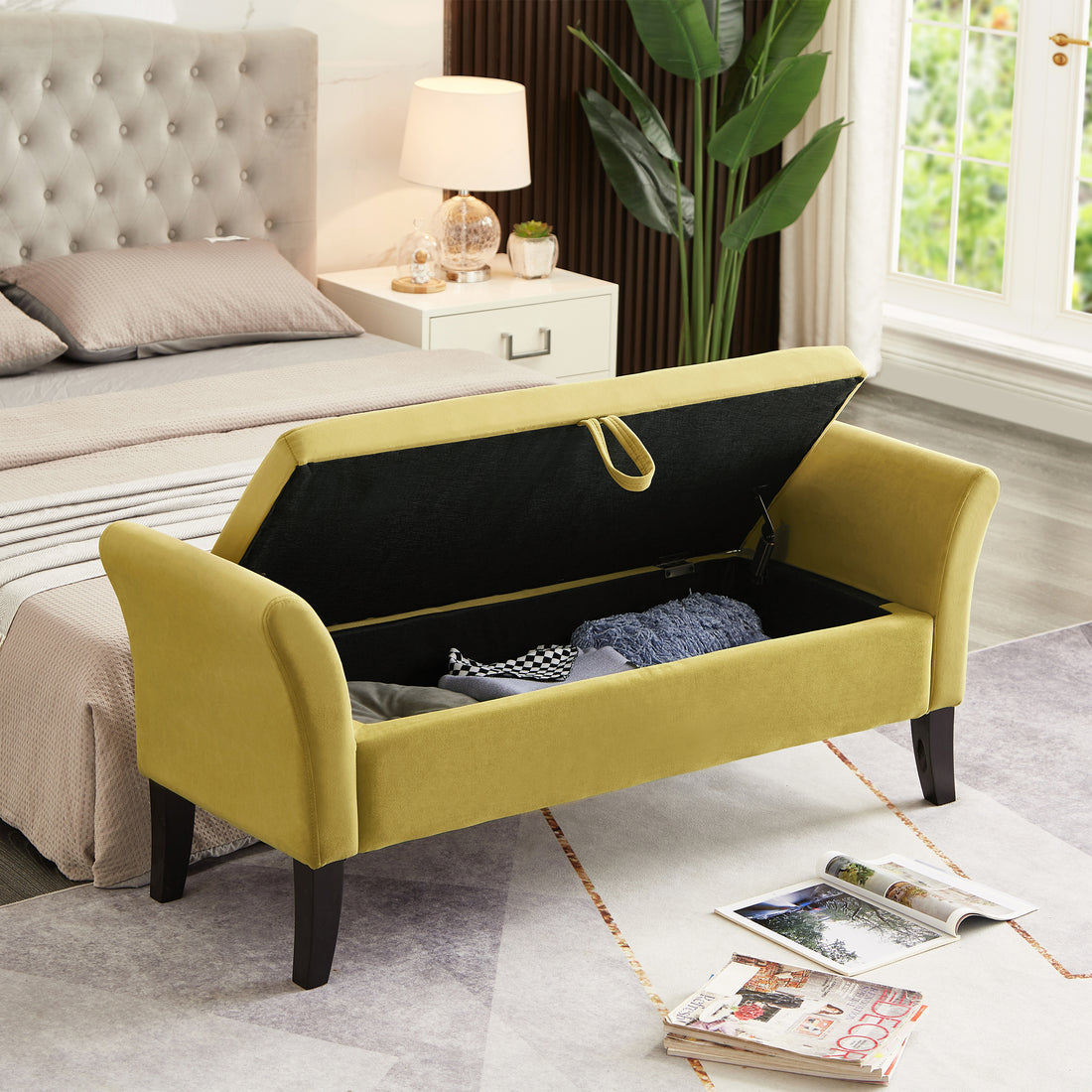 51.5" Bed Bench With Storage Green Velvet Olive Green Foam Velvet