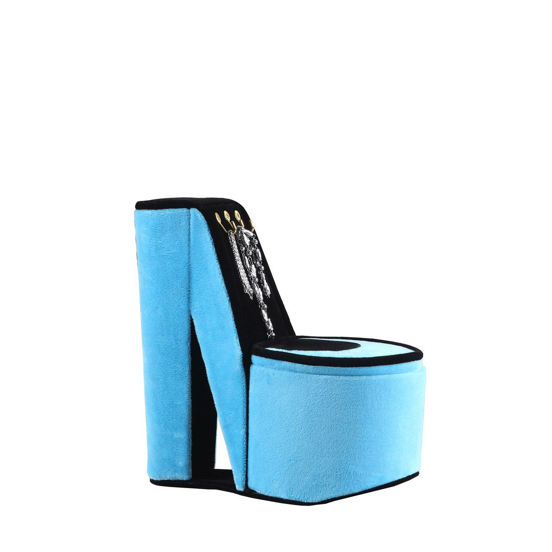 9" Tall Display Jewelry Box With Hooks, High Heel Shoe Design, Turquoise Velvet Turquoise Pu