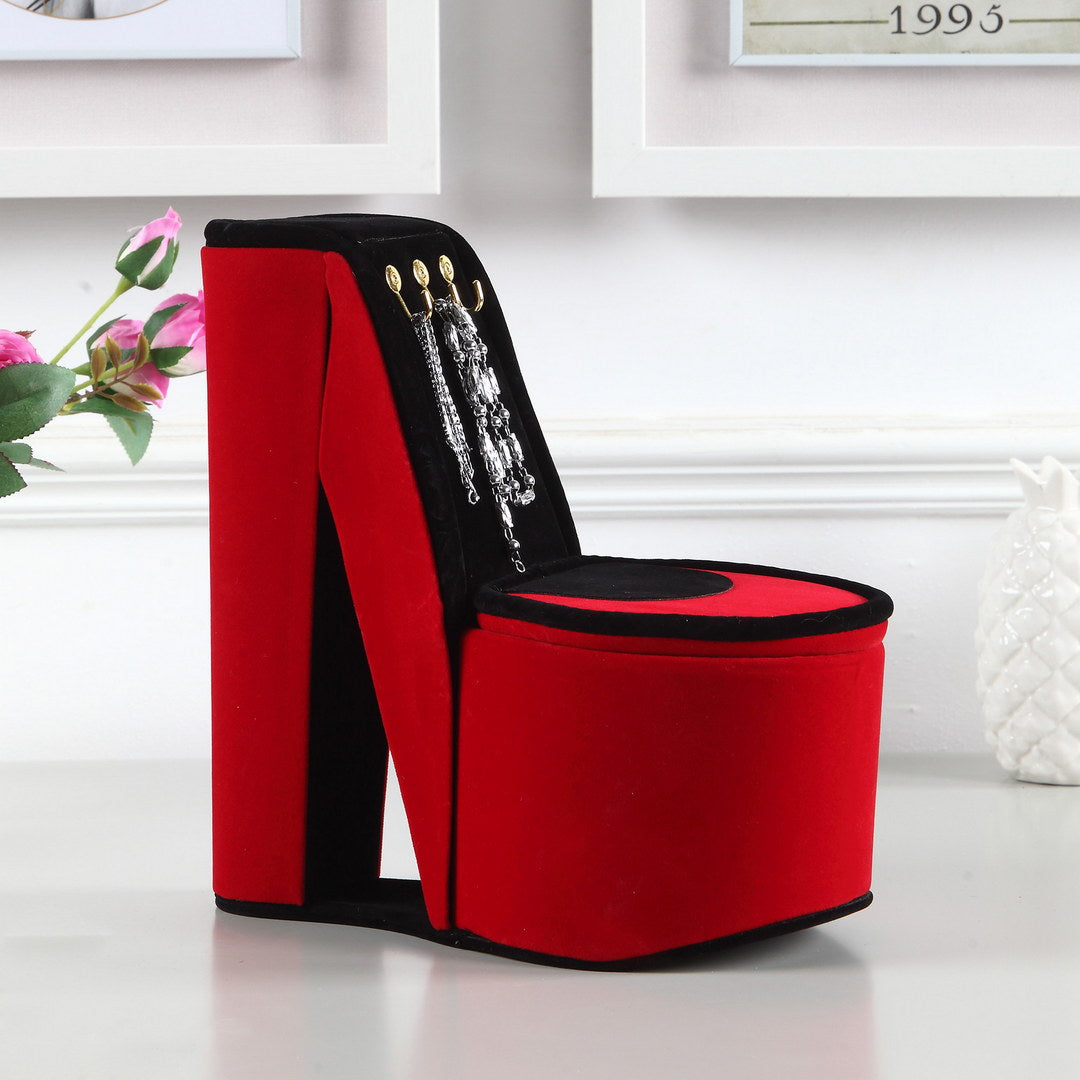 9" Tall Display Jewelry Box With Hooks, High Heel Shoe Design, Red Velvet Red Pu