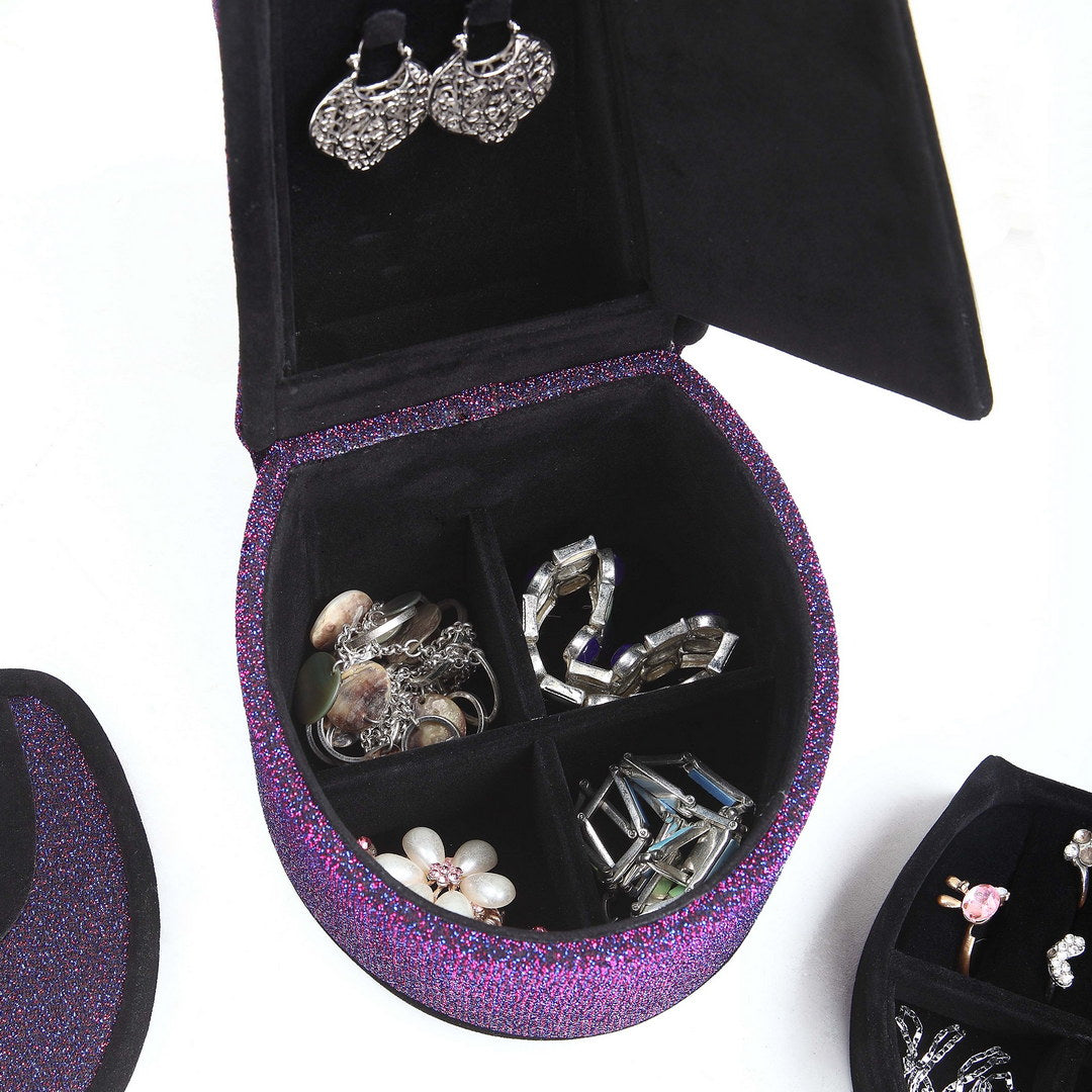 9" Tall Display Jewelry Box With Hidden Storage, High Heel Shoe Design, Purple Velvet Purple Pu