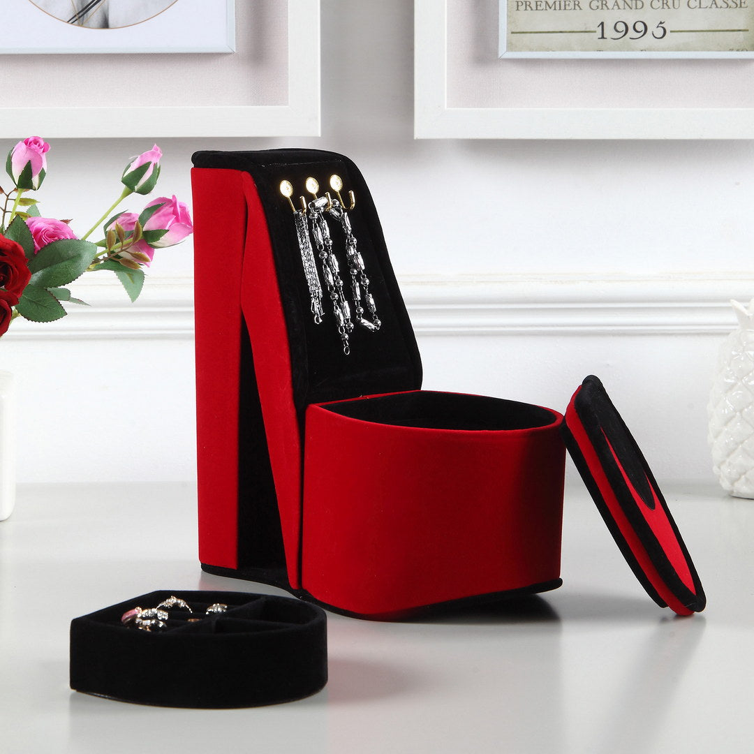 9" Tall Display Jewelry Box With Hooks, High Heel Shoe Design, Red Velvet Red Pu