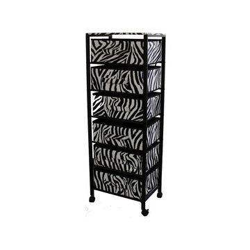 52.5" Tall Metal Shelf With 6 Drawers, Black Frame Rack On Wheels, Zebra Print Multicolor Metal