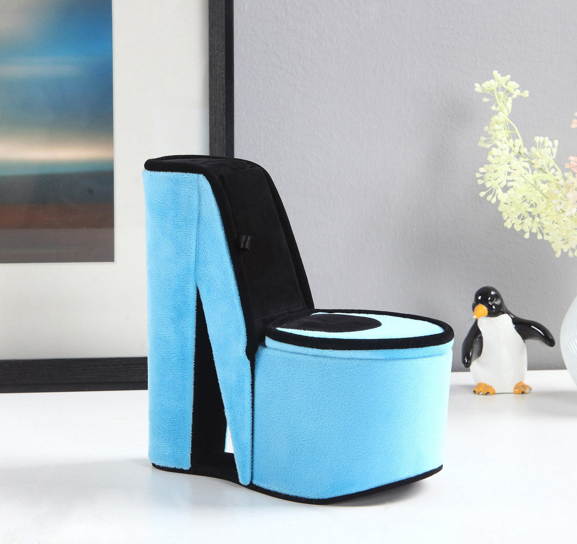 9" Tall Display Jewelry Box With Hidden Storage, High Heel Shoe Design, Turquoise Velvet Turquoise Pu