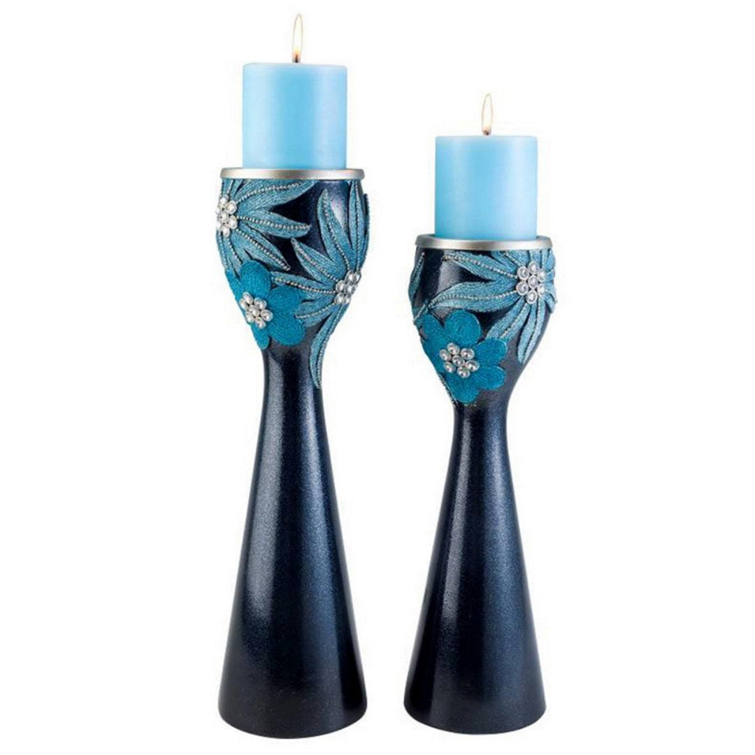 14" And 16" Tall Polyresin" Demeter" Candleholder, Aqua Finish Set Of 2 Blue Polyresin