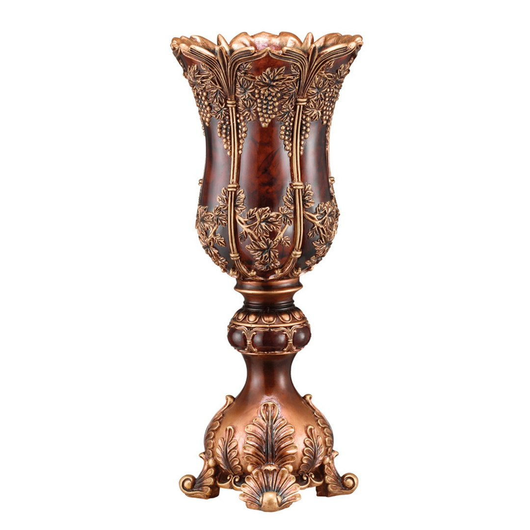19.5" Tall Polyresin Decorative Vase, Red And Brown Antique Design Multicolor Polyresin