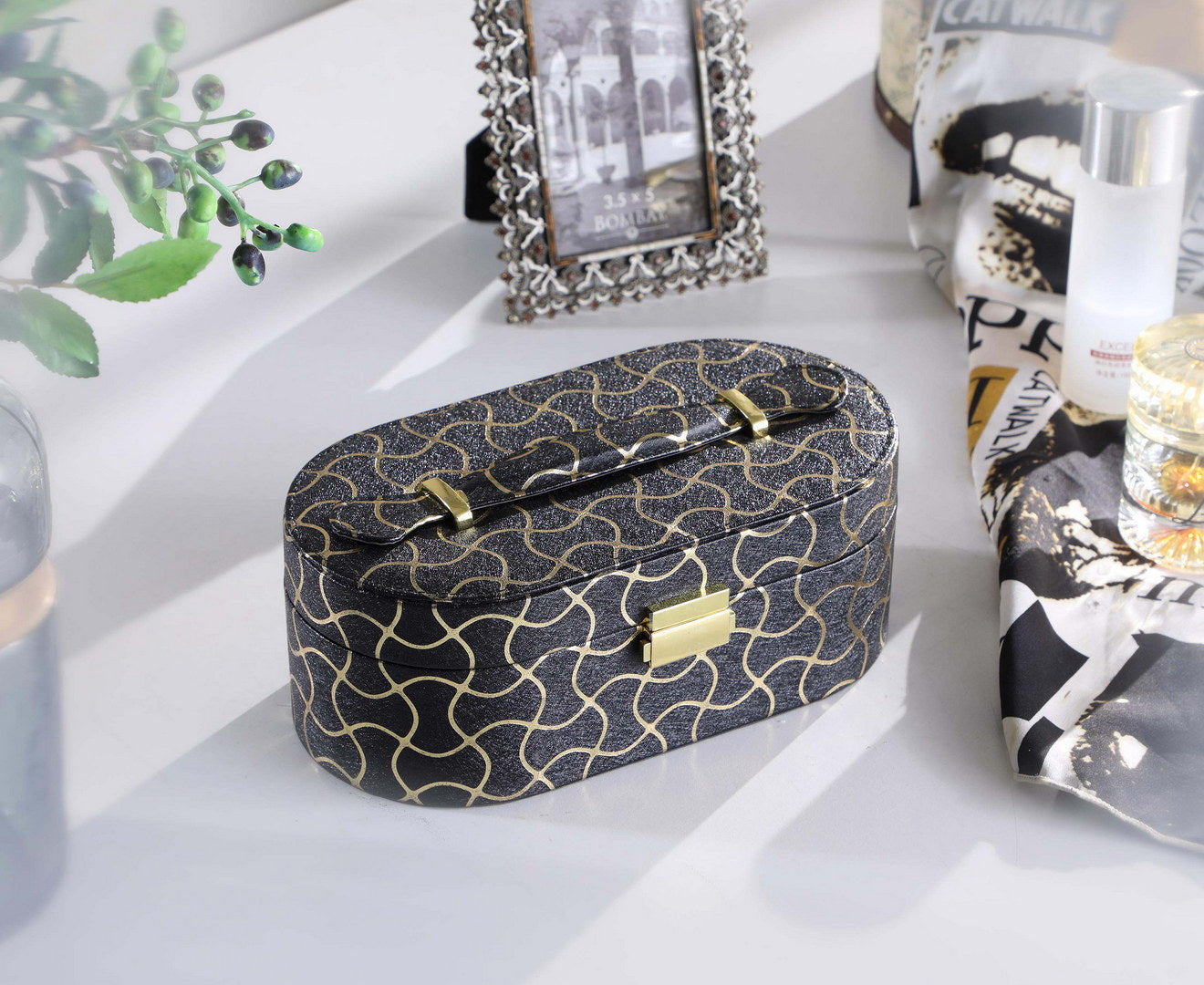 9.5" Long Leather Jewelry Organizer Case With Mirror, Gold Swirl Pattern, Black Black Glass