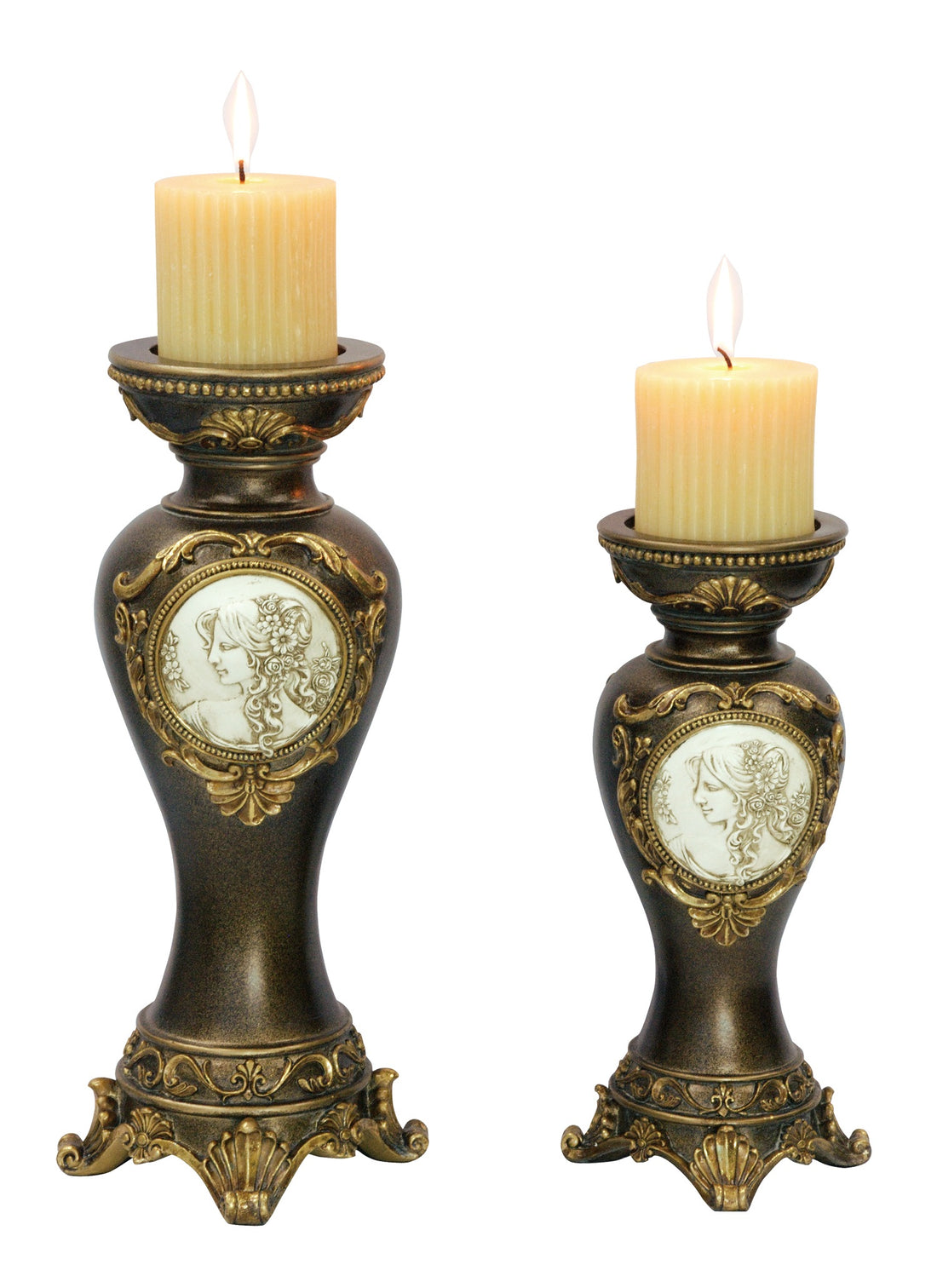 11" And 14" Tall Polyresin Candleholder, Bronze Finish Set Of 2 Bronze Polyresin