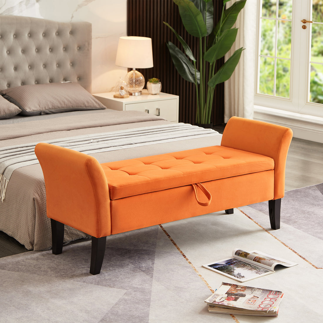 51.5" Bed Bench With Storage Orange Velvet Orange Foam Velvet