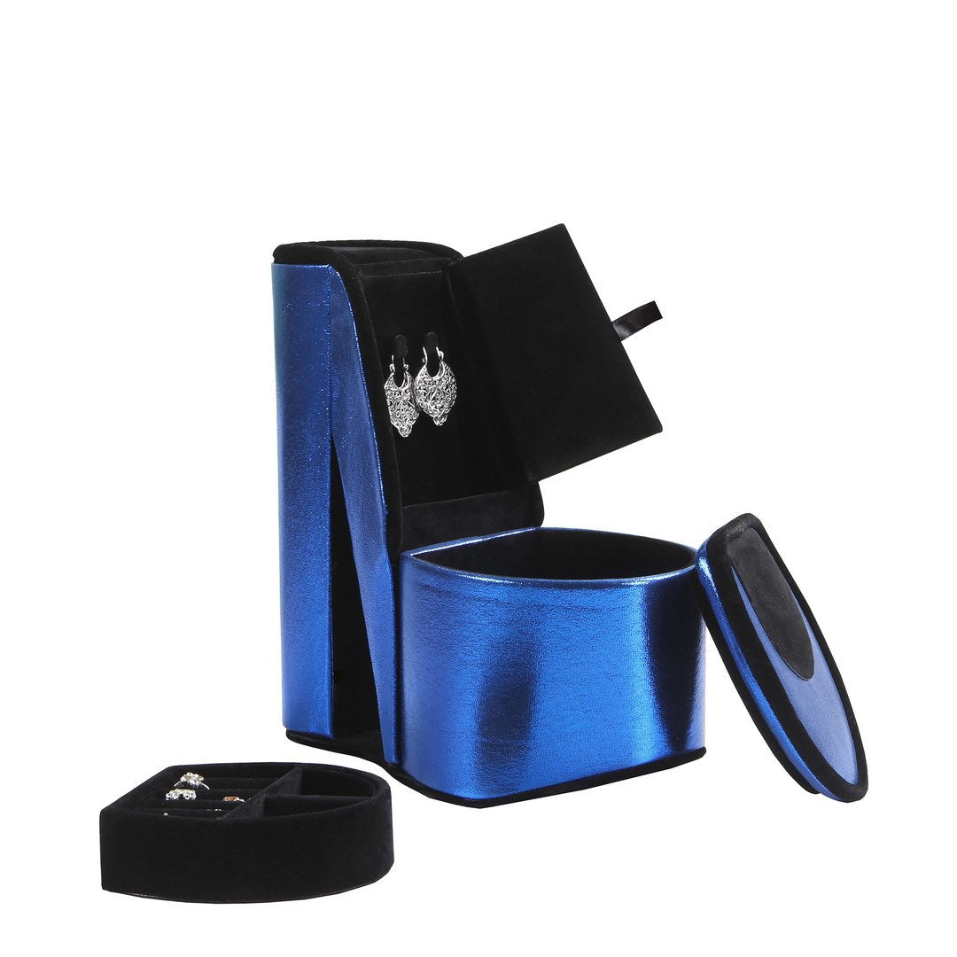 9" Tall Display Jewelry Box With Hidden Storage, High Heel Shoe Design, Blue Velvet Blue Pu