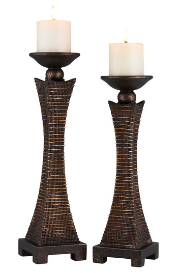 15.75" And 17.5" Tall "Kayan" Candleholder, Bronze Rustic Finish Set Of 2 Bronze Polyresin