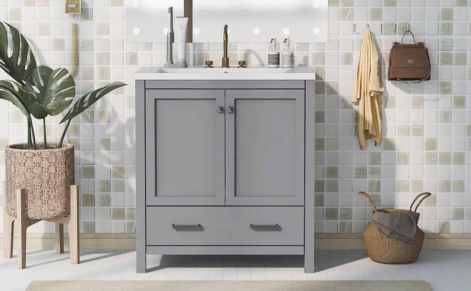 30" Grey Bathroom Vanity With Single Sink, Combo Cabinet Undermount Sink, Bathroom Storage Cabinet With 2 Doors And A Drawer, Soft Closing, Multifunctional Storage, Solid Wood Frame Grey Solid Wood Mdf Resin