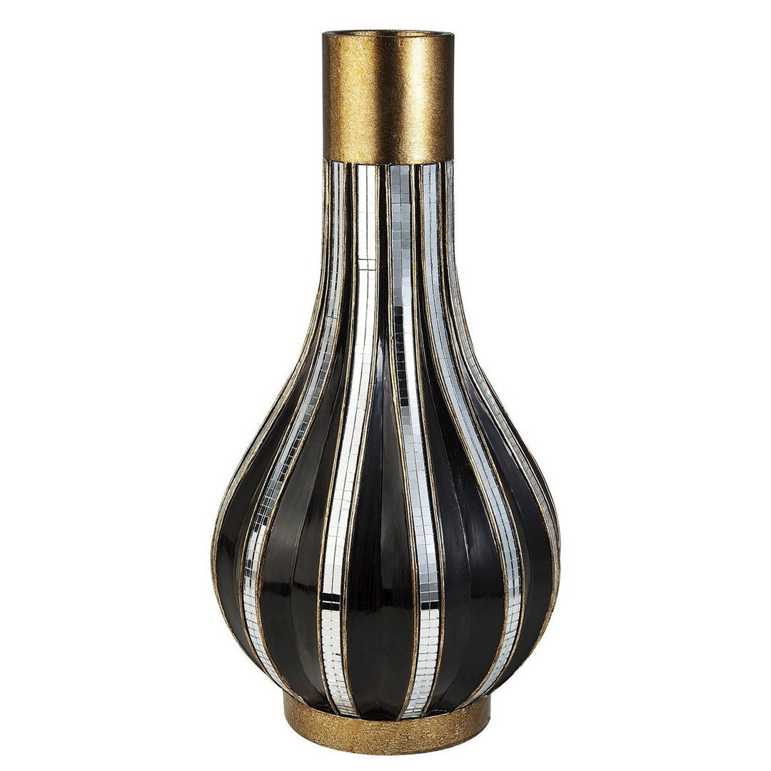 16.25" Tall Polyresin Decorative Vase, Gold Finish With Mosaic Glass Stripes Multicolor Polyresin