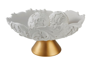 8.75" Alba White Gold Baroque Scroll Bowl W Spheres Gold Polyresin