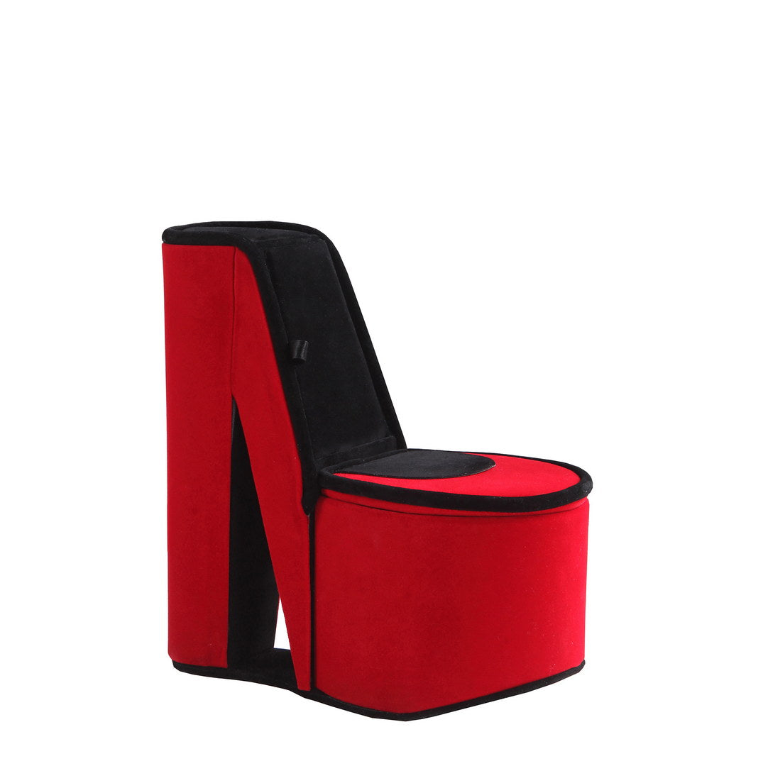 9" Tall Display Jewelry Box With Hidden Storage, High Heel Shoe Design, Red Velvet Red Pu