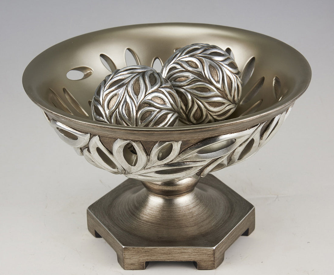 12.75" Long Polyresin Decorative Bowl "Kiara", Silver Peacock Feathers Design Silver Polyresin