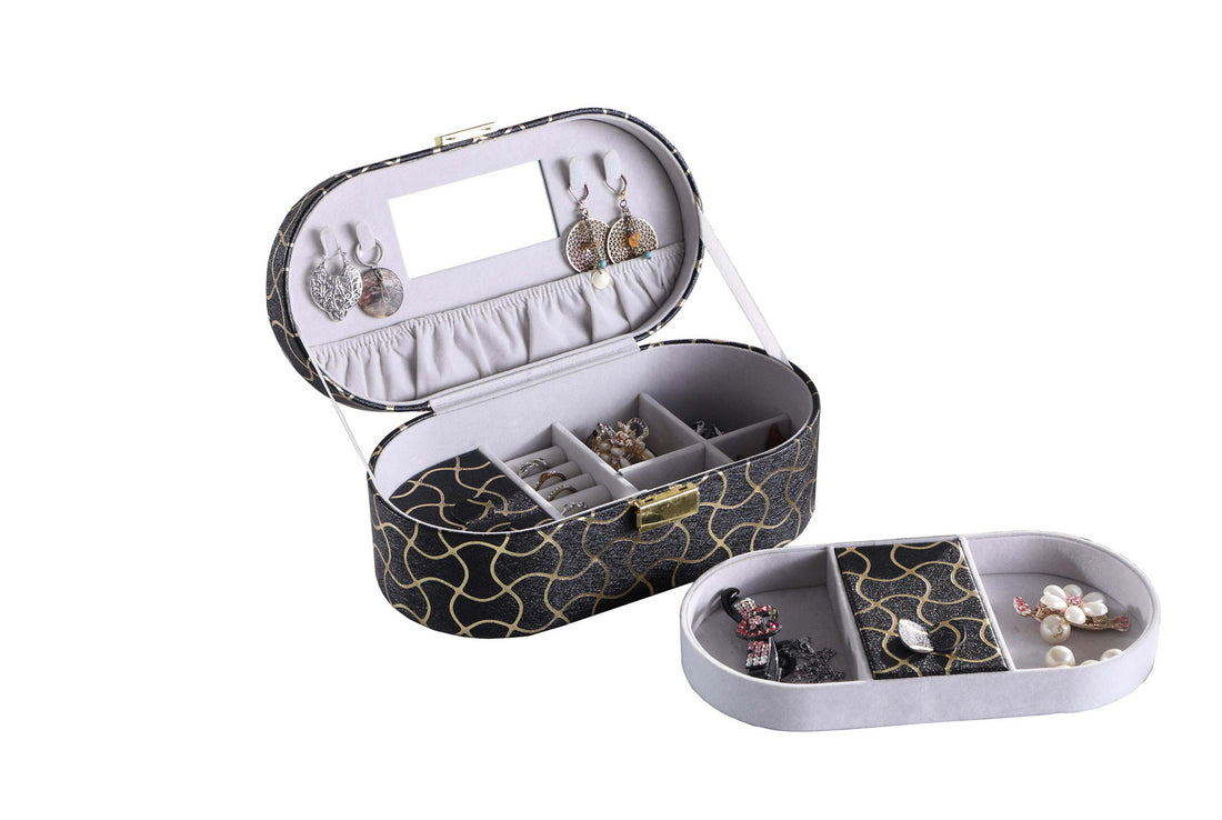 9.5" Long Leather Jewelry Organizer Case With Mirror, Gold Swirl Pattern, Black Black Glass