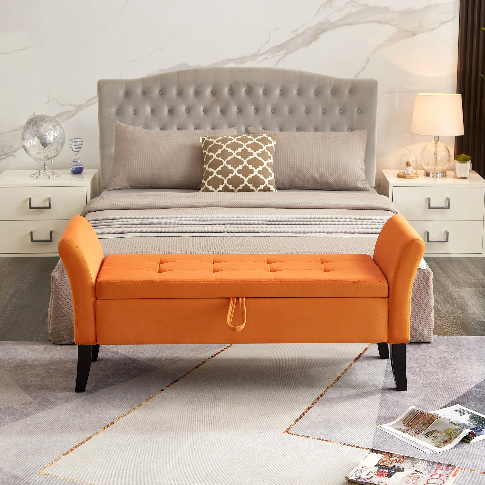 51.5" Bed Bench With Storage Orange Velvet Orange Foam Velvet