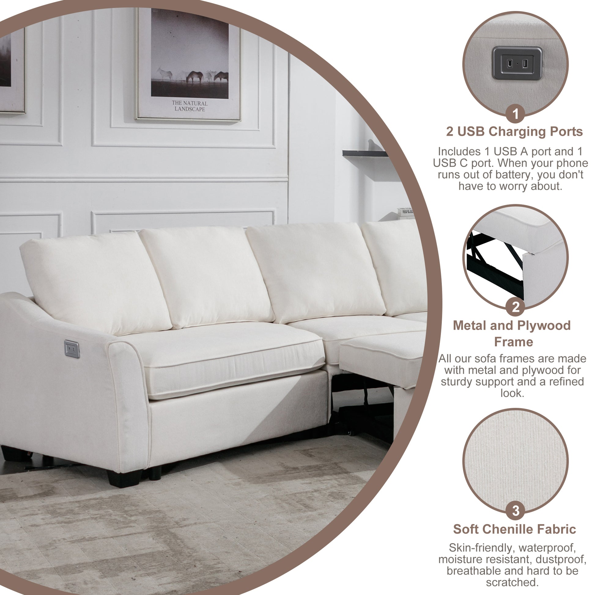 129.5" Sectional Sleeper Sofa With Pull Out Bed Modern L Shape Couch Bed With Usb Charging Port For Living Room, Bedroom, Beige Beige Chenille