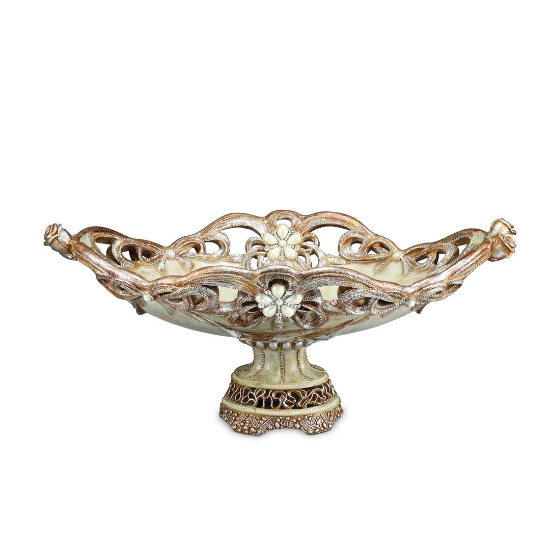 9" Tall Polyresin Decorative Fruit Bowl, Vintage Rose Design Gold Polyresin