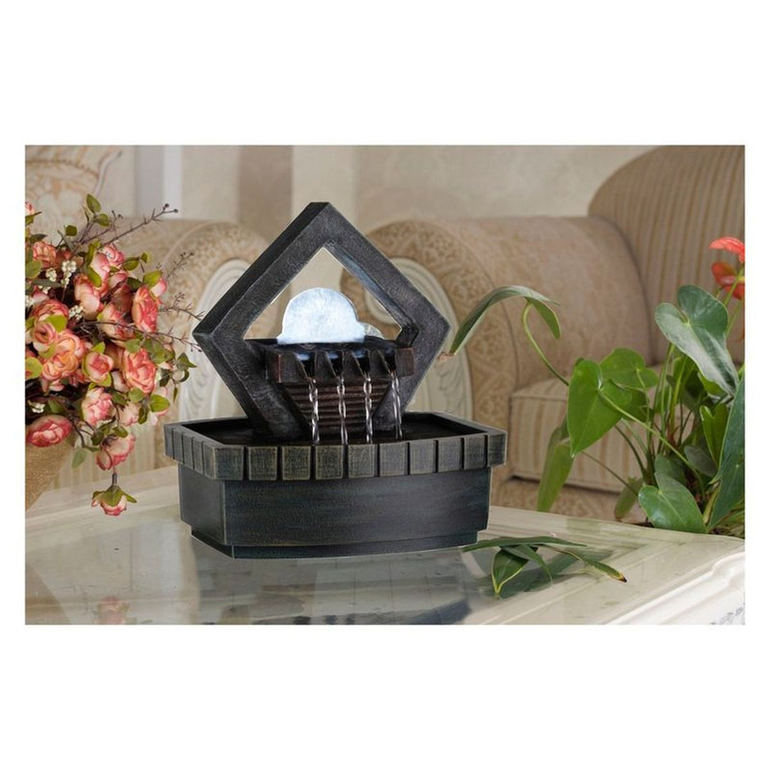 9.5" Tall Indoor Meditation Fountain With Led Light, Well Design Brown Polyresin
