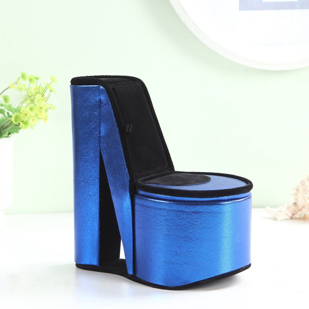 9" Tall Display Jewelry Box With Hidden Storage, High Heel Shoe Design, Blue Velvet Blue Pu