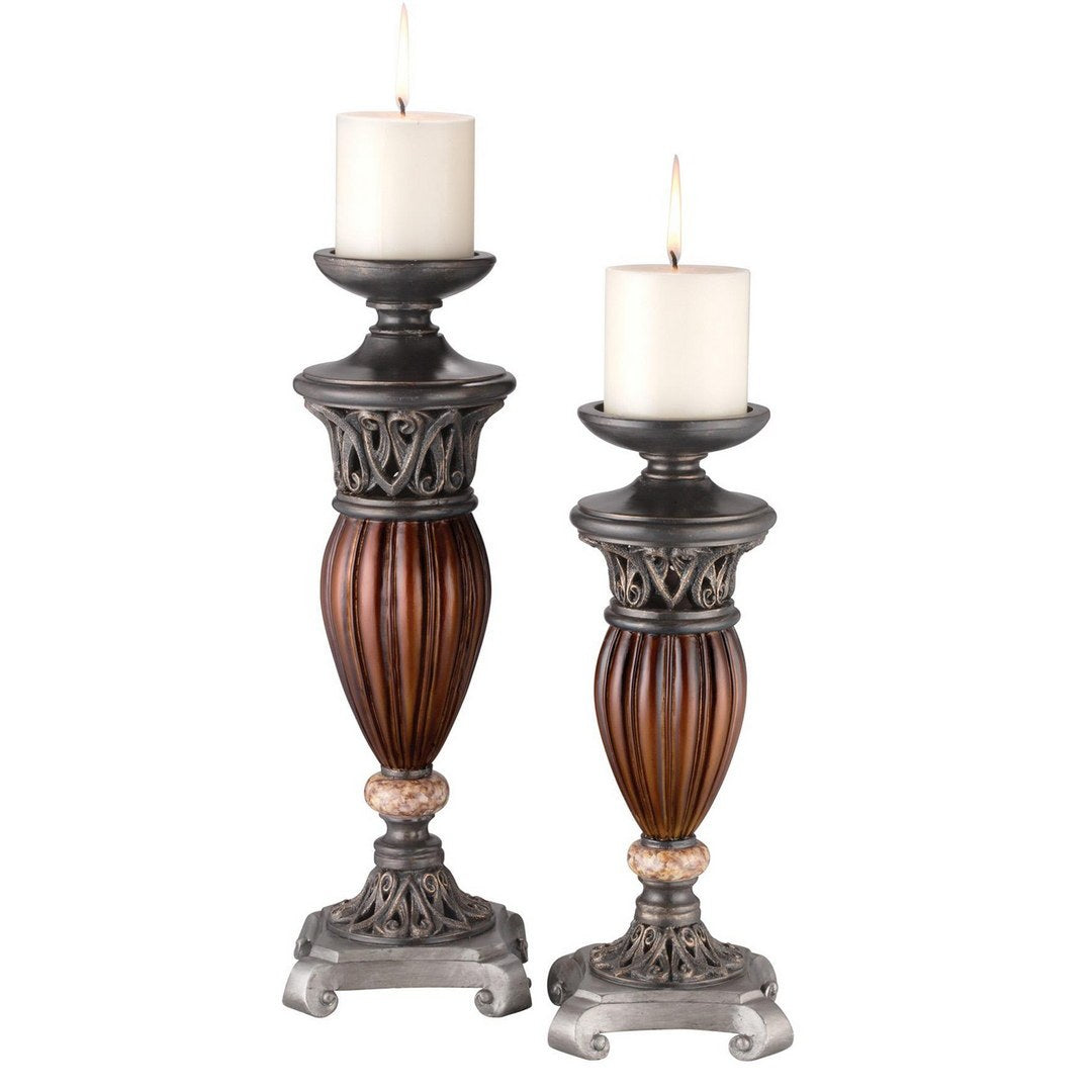 13" And 16" Tall Polyresin Candleholder, Bronze Roman Design Set Of 2 Bronze Polyresin