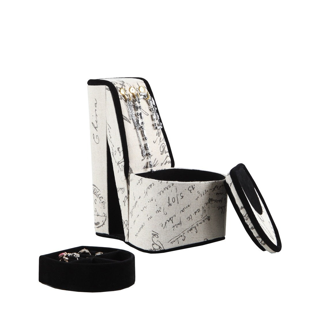 9" Tall Display Jewelry Box With Hooks, High Heel Shoe Design, Stencil Letter Print Multicolor Pu