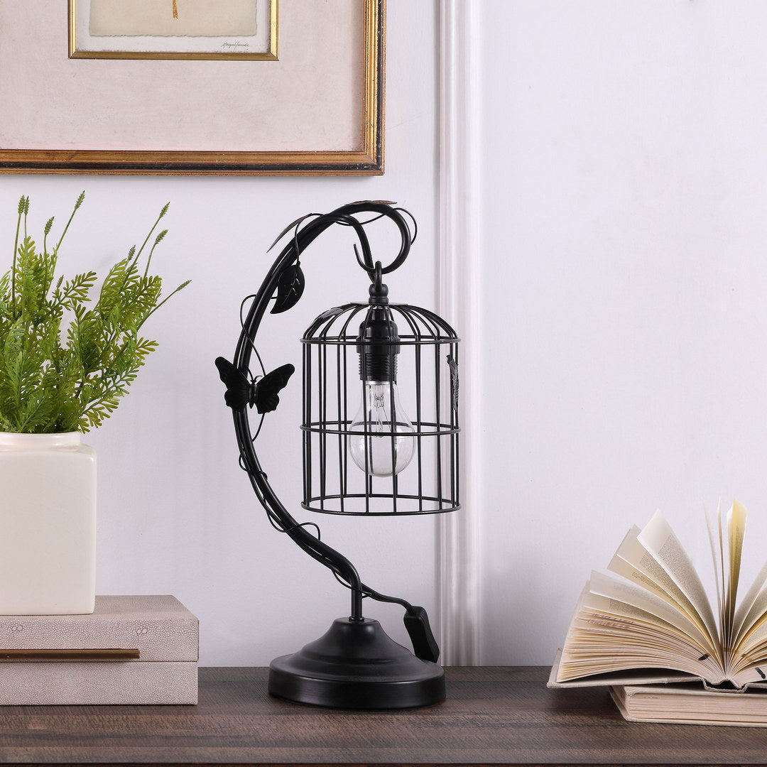 17.5" Iris Black Butterfly Garden Metal Table Lamp Matte Black Metal