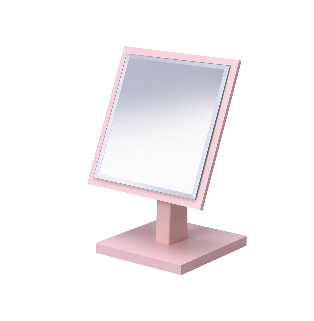 9.5" Tall Polyresin And Wood Make Up Mirror On A Pedestal, Pastel Pink Finish Pink Wood
