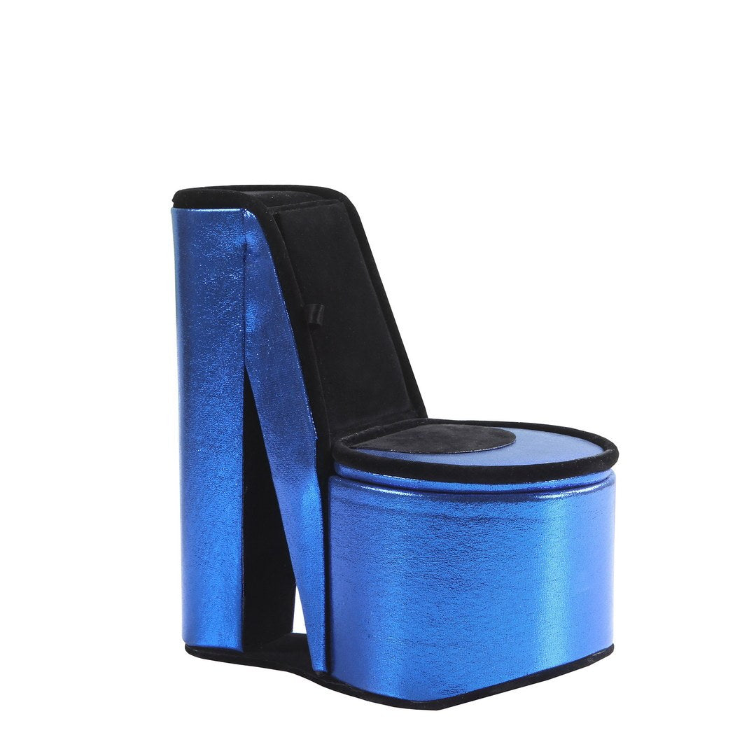 9" Tall Display Jewelry Box With Hidden Storage, High Heel Shoe Design, Blue Velvet Blue Pu