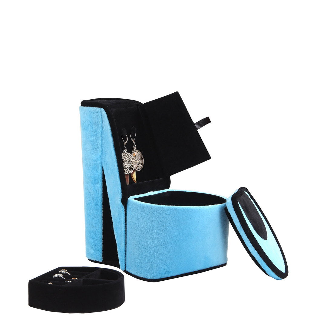 9" Tall Display Jewelry Box With Hidden Storage, High Heel Shoe Design, Turquoise Velvet Turquoise Pu