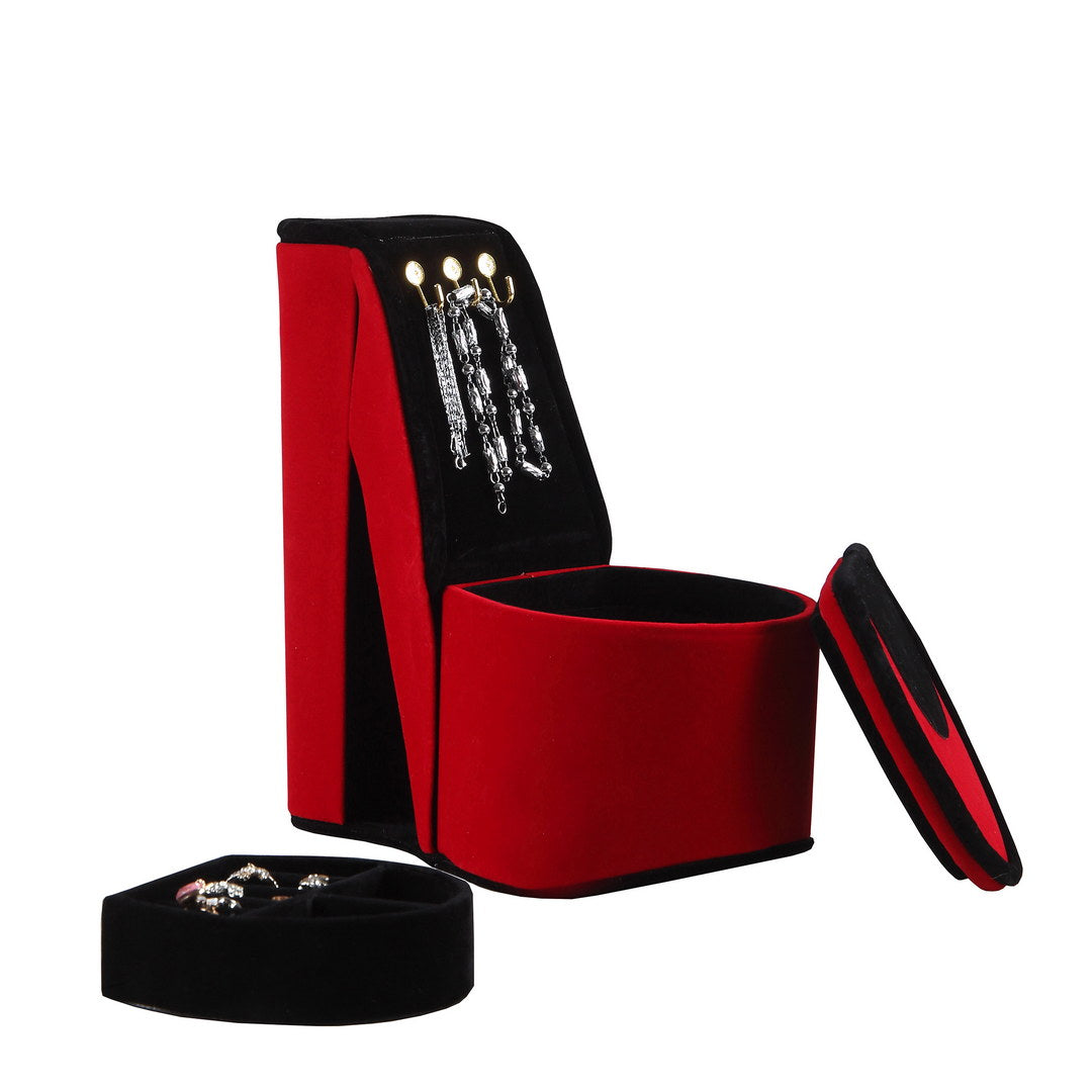 9" Tall Display Jewelry Box With Hooks, High Heel Shoe Design, Red Velvet Red Pu