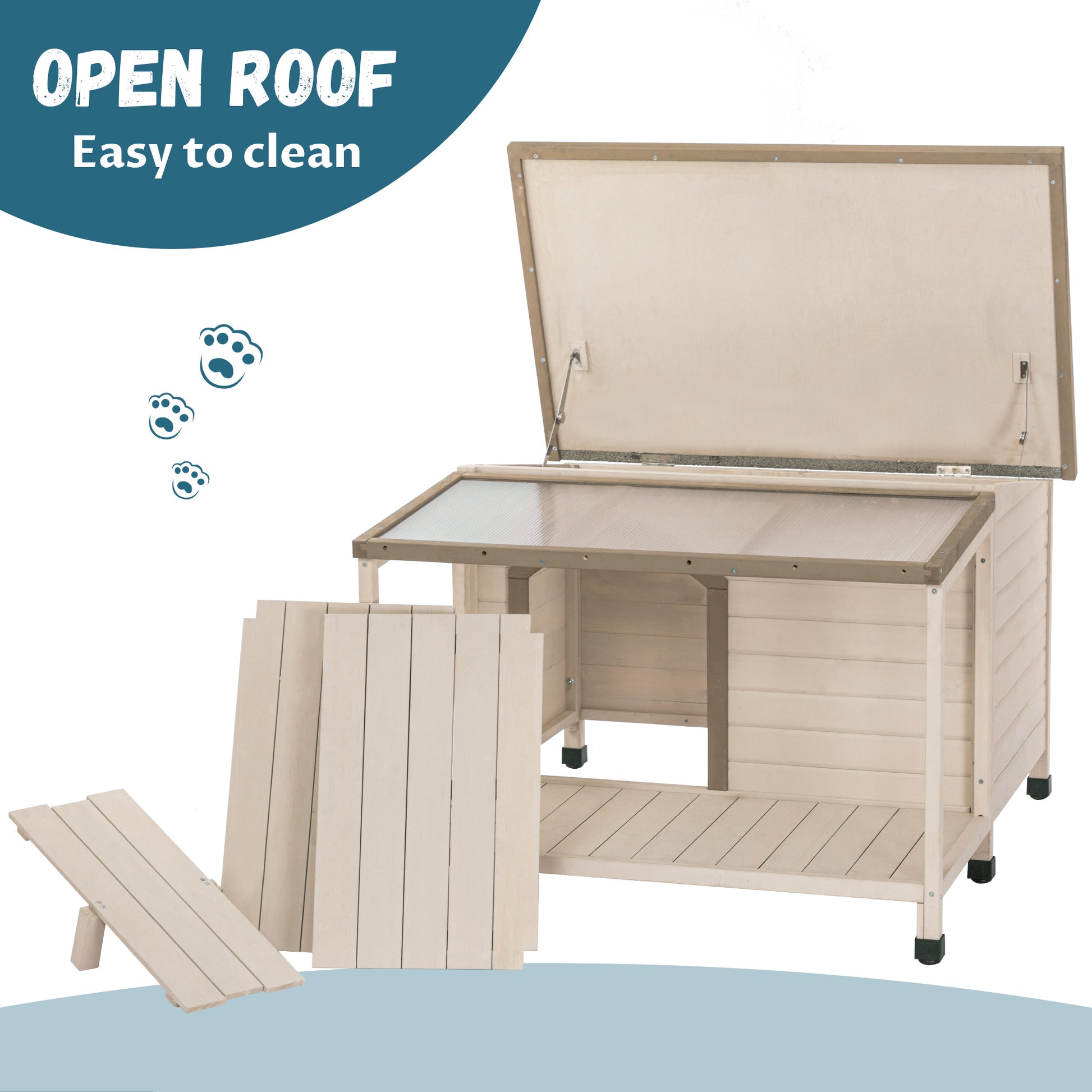 Outdoor Fir Wood Dog House With An Open Roof Ideal For Medium To Large Dogs. Dog House With Large Terrace With Clear Roof.Weatherproof Asphalt Roof And Treated Wood. Cream Solid Wood