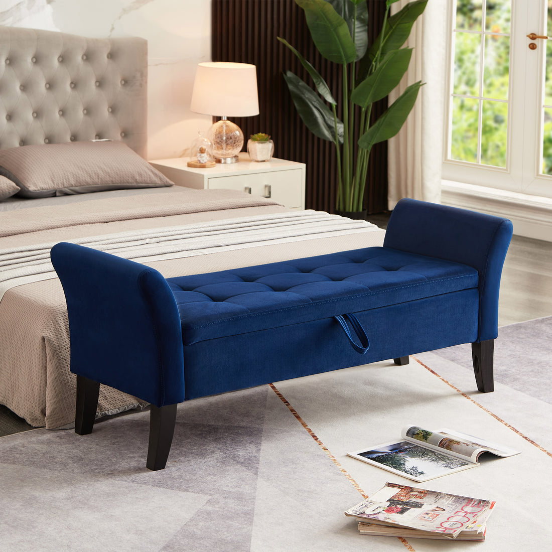 51.5" Bed Bench With Storage Navy Blue Velvet Navy Blue Foam Velvet