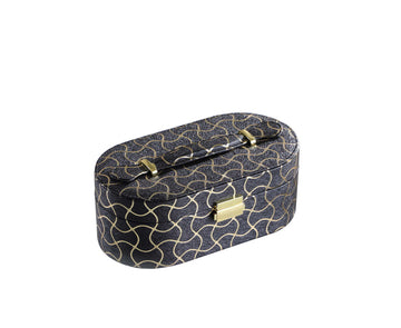 9.5" Long Leather Jewelry Organizer Case With Mirror, Gold Swirl Pattern, Black Black Glass