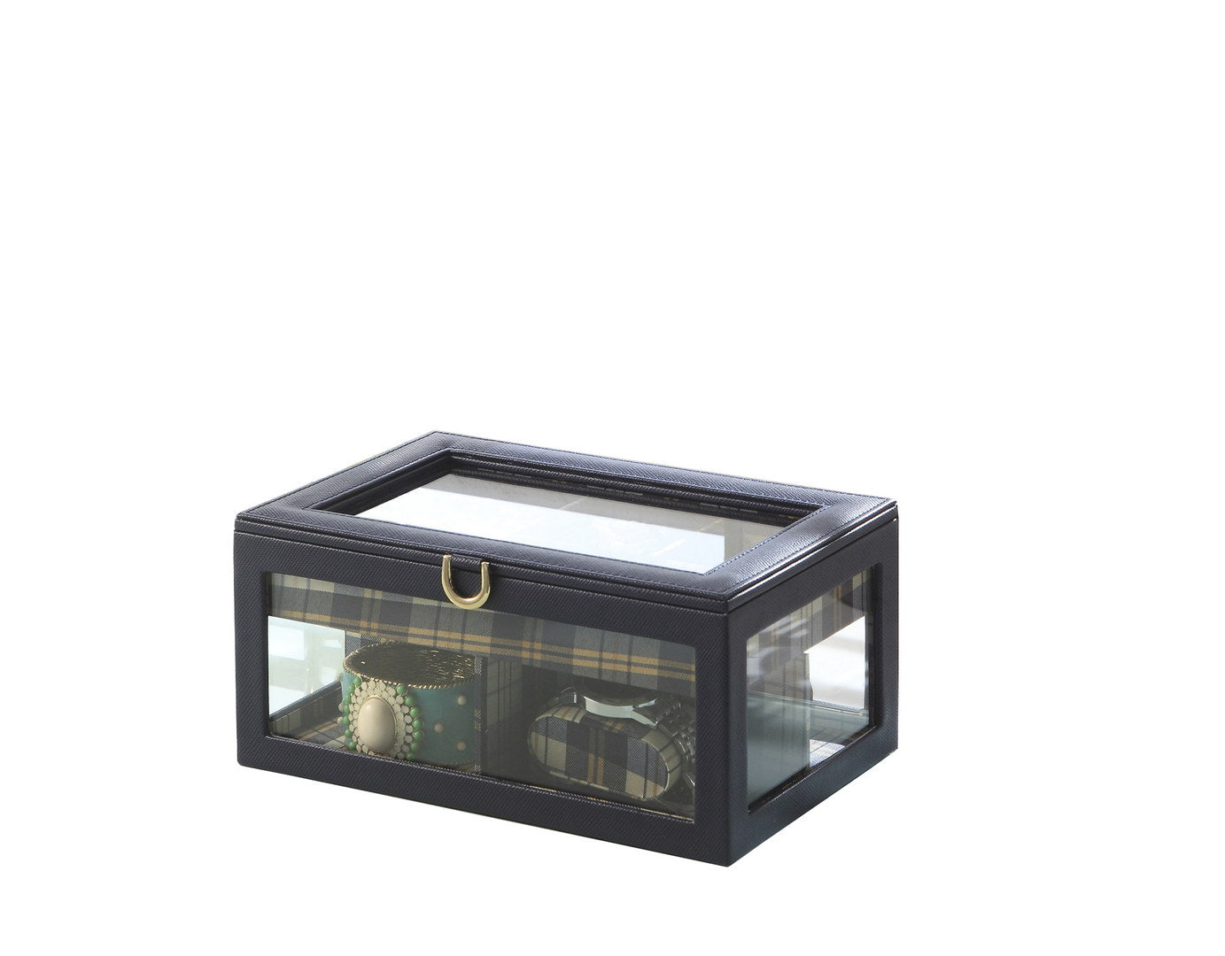 9.8" Long Tempered Glass And Leather Jewelry Case Watch Display, Blue Blue Glass