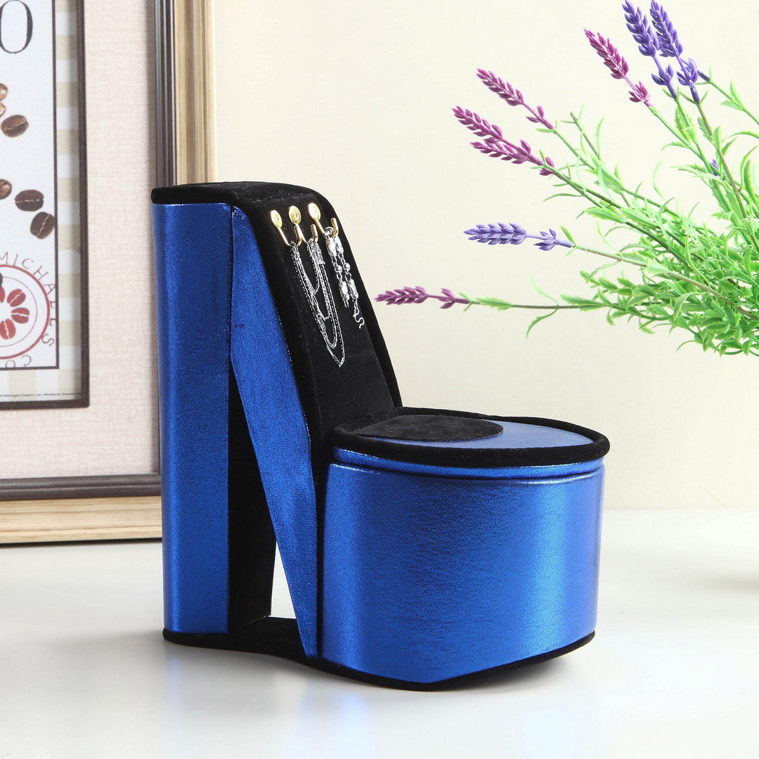 9" Tall Display Jewelry Box With Hooks, High Heel Shoe Design, Blue Velvet Blue Pu