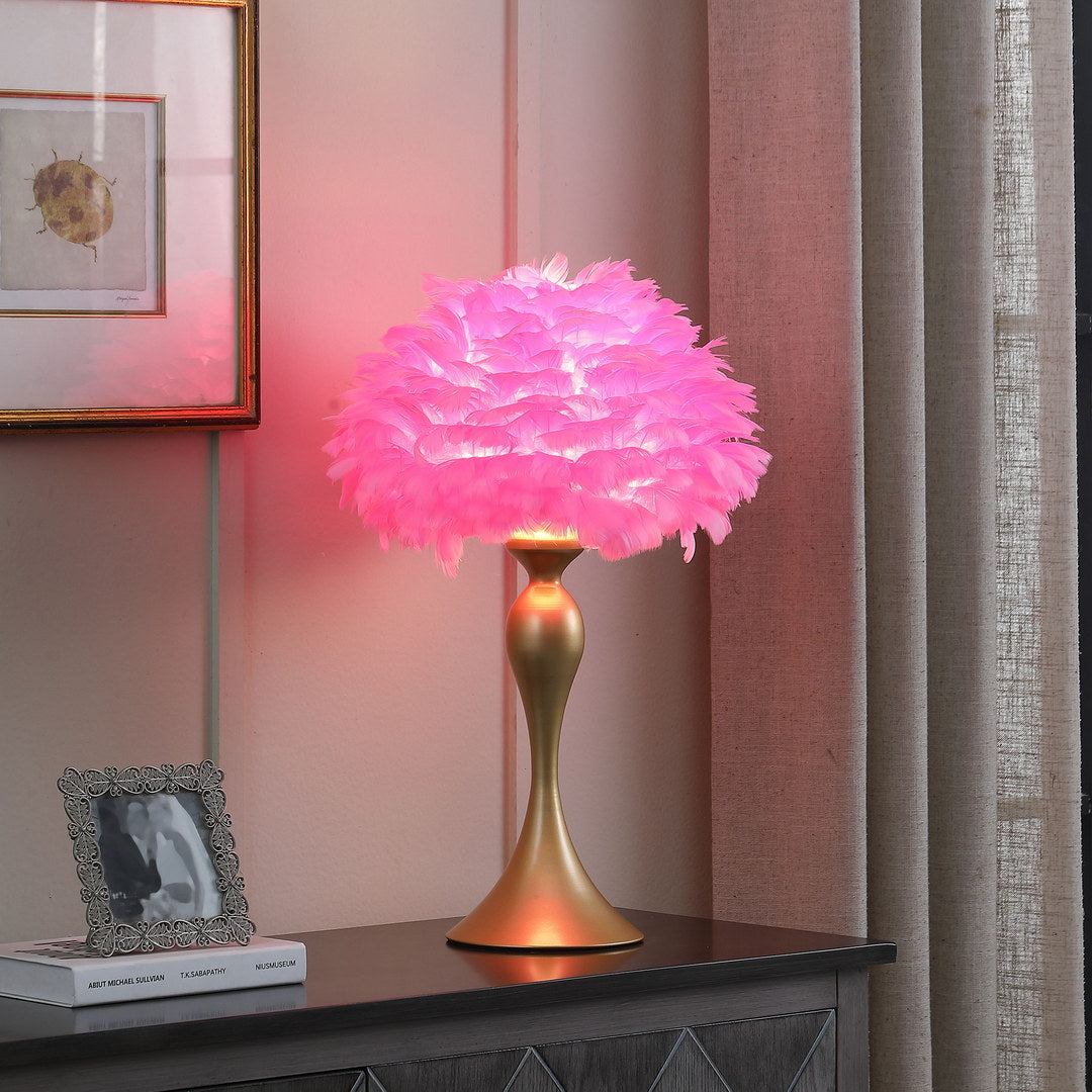 18.25"In Hot Pink Feather Aquina Satin Gold Metal Contour Glam Table Lamp Multicolor Metal