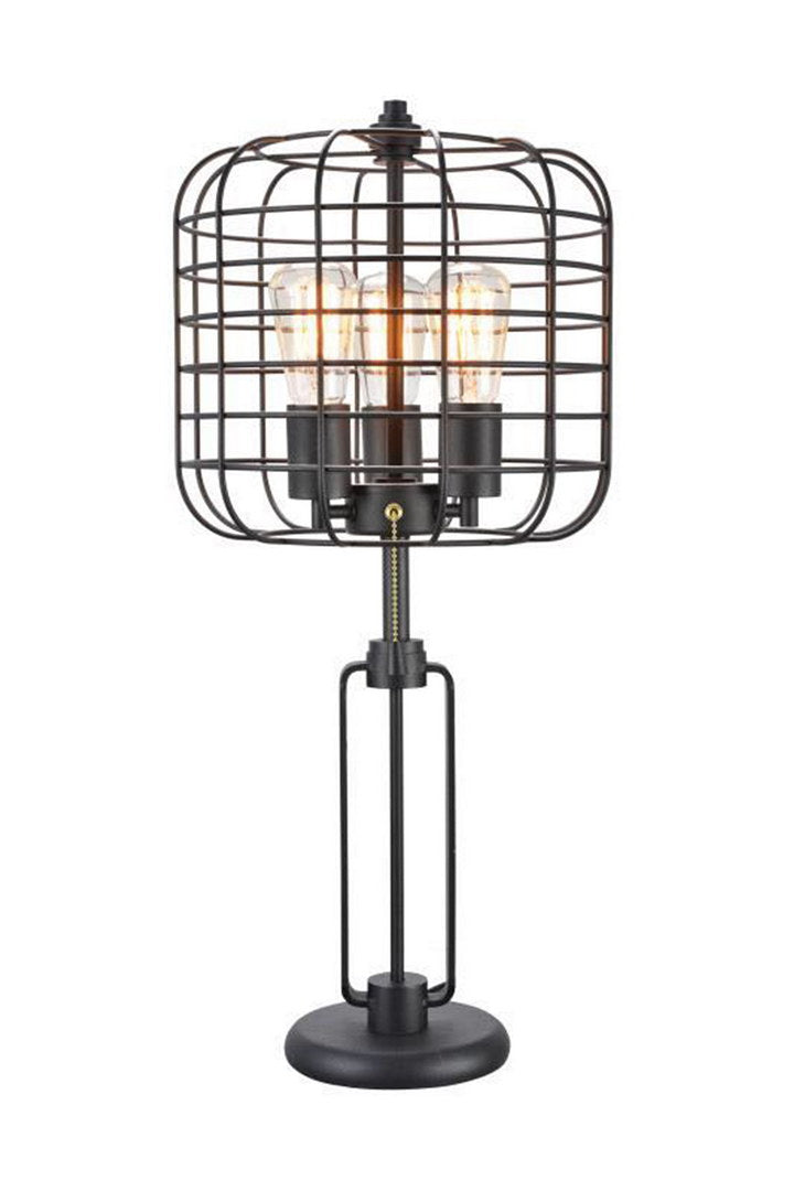 26.5" Tall "Edison" 3 Light Table Lamp, Industrial Cage Design, Powder Coated Black Metal