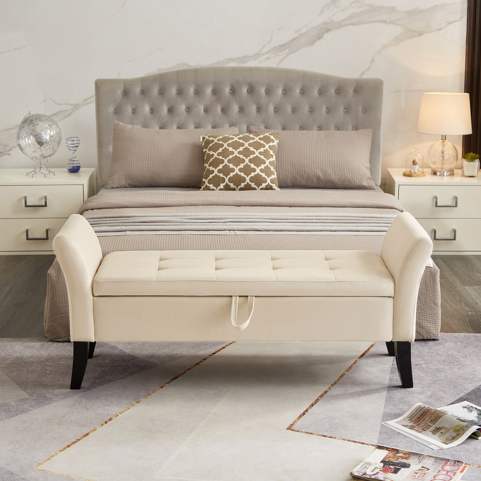 51.5" Bed Bench With Storage Beige Velvet Beige Foam Velvet