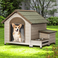 Outdoor Fir Wood Dog House With An Open Roof Ideal For Small To Medium Dogs. With Storage Box, Elevated Feeding Station With 2 Bowls. Weatherproof Asphalt Roof And Treated Wood. Cream Solid Wood