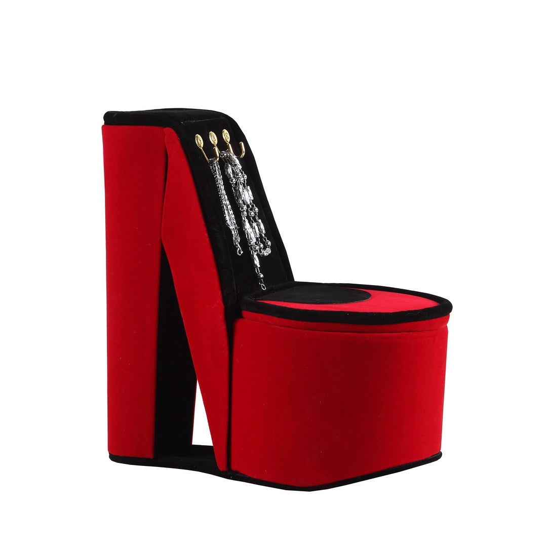 9" Tall Display Jewelry Box With Hooks, High Heel Shoe Design, Red Velvet Red Pu